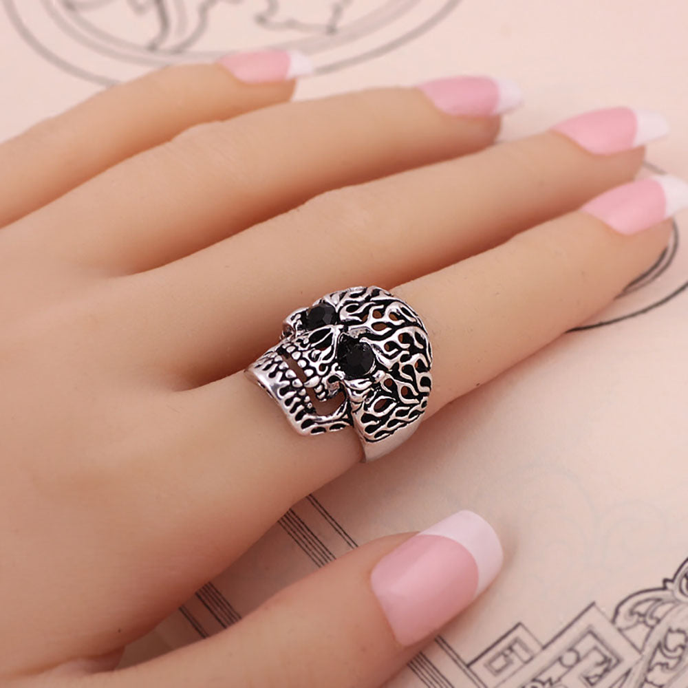 Vintage Silver Gothic Skull Wedding Ring Gem eyes