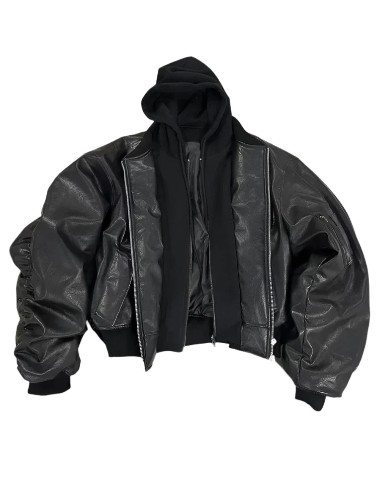 BLACK LEATHER HOODED BOMBER JACKET