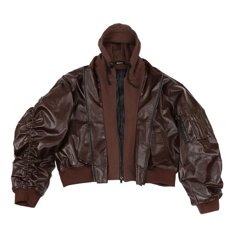 BROWN LEATHER HOODED BOMBER JACKET