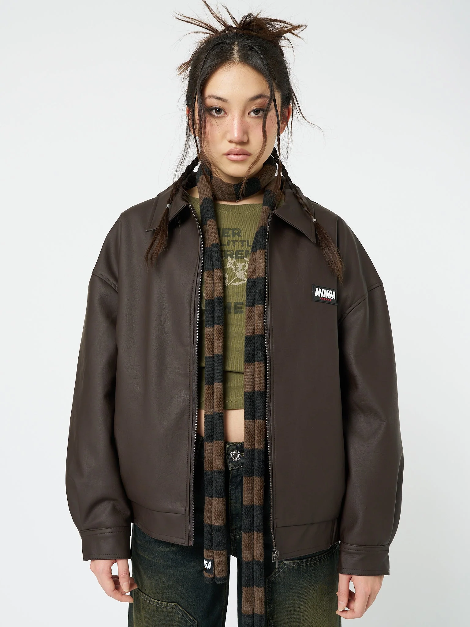 Minga Nora Vegan Leather Bomber Jacket in Brown