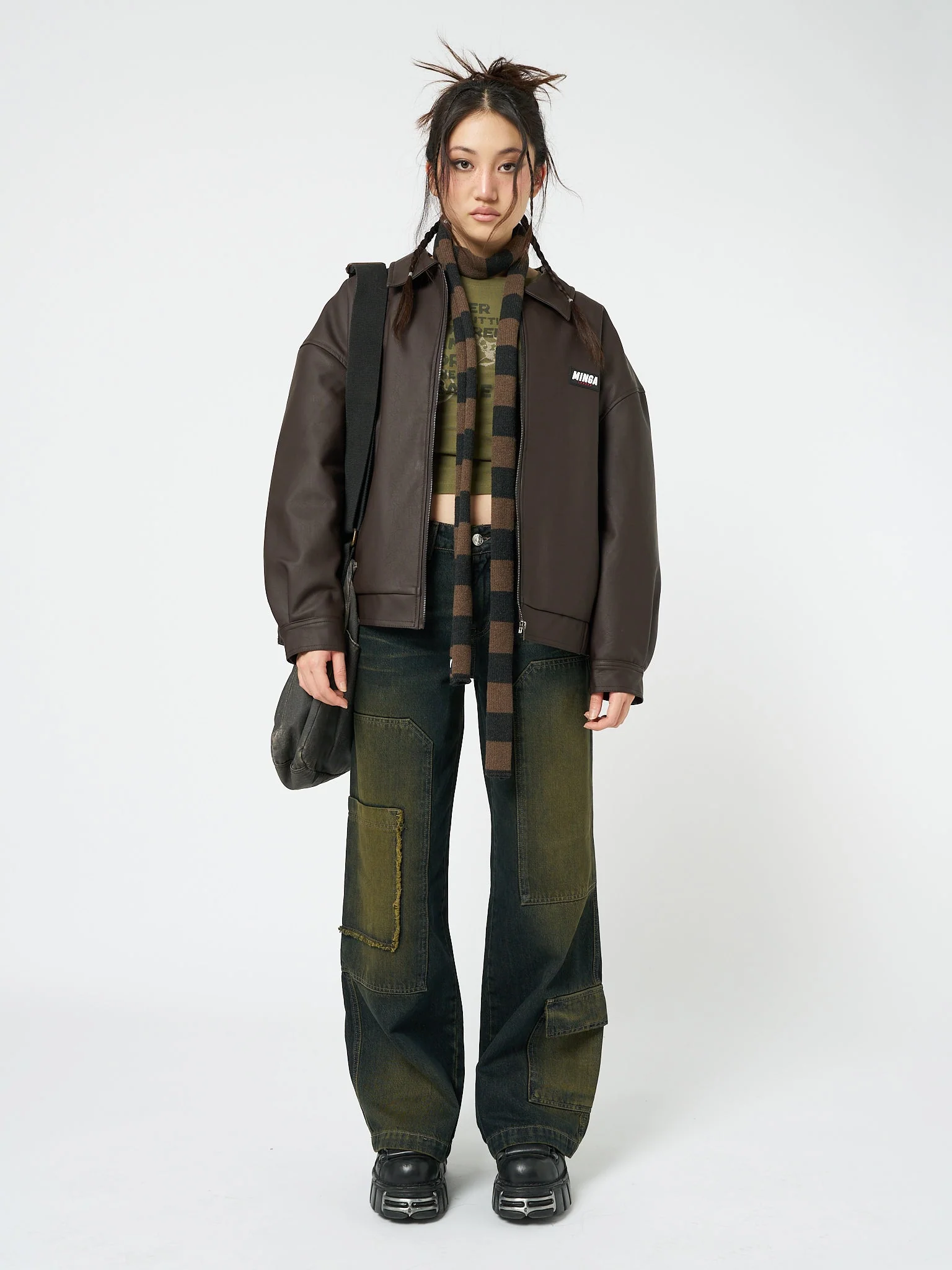 Minga Nora Vegan Leather Bomber Jacket in Brown