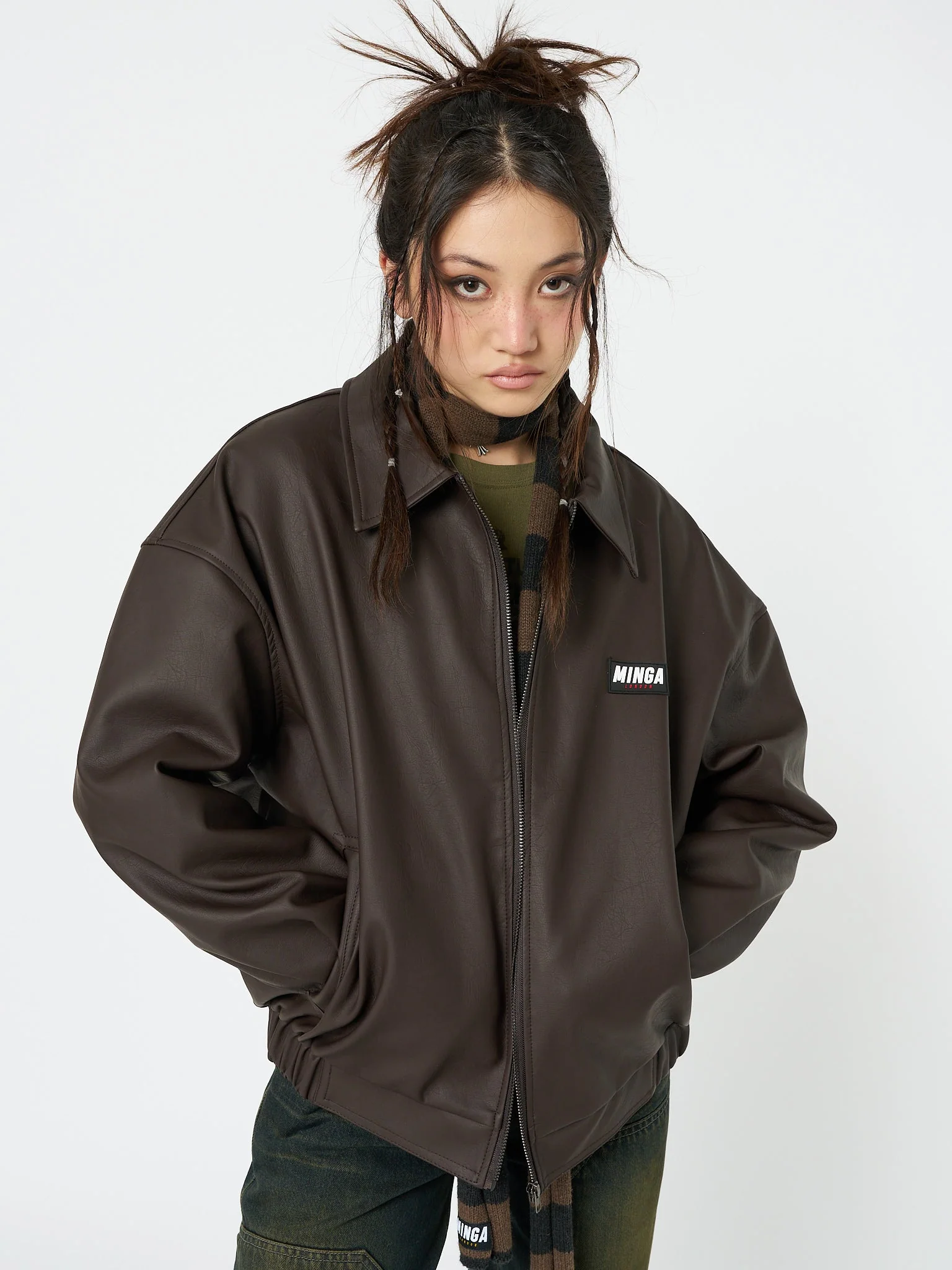 Minga Nora Vegan Leather Bomber Jacket in Brown