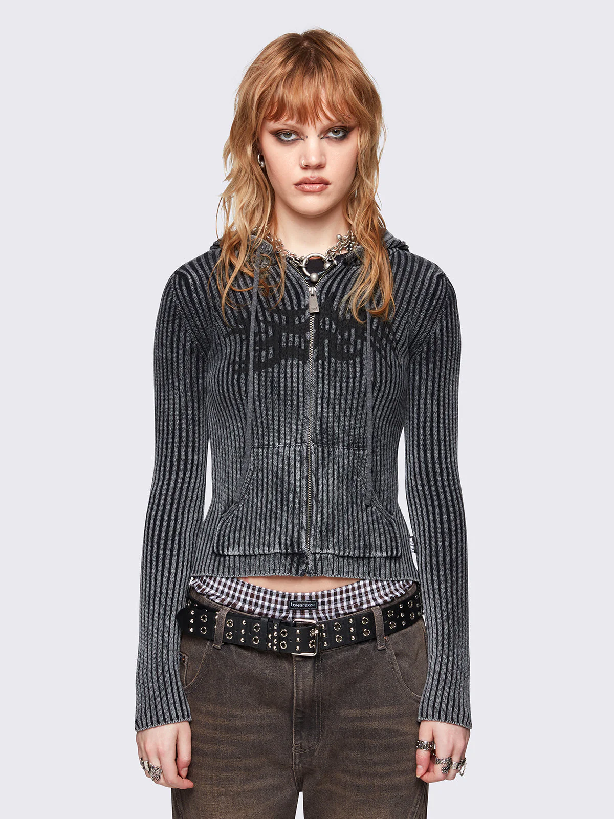 Minga Kai Grey Knitted Zip-Up Hoodie