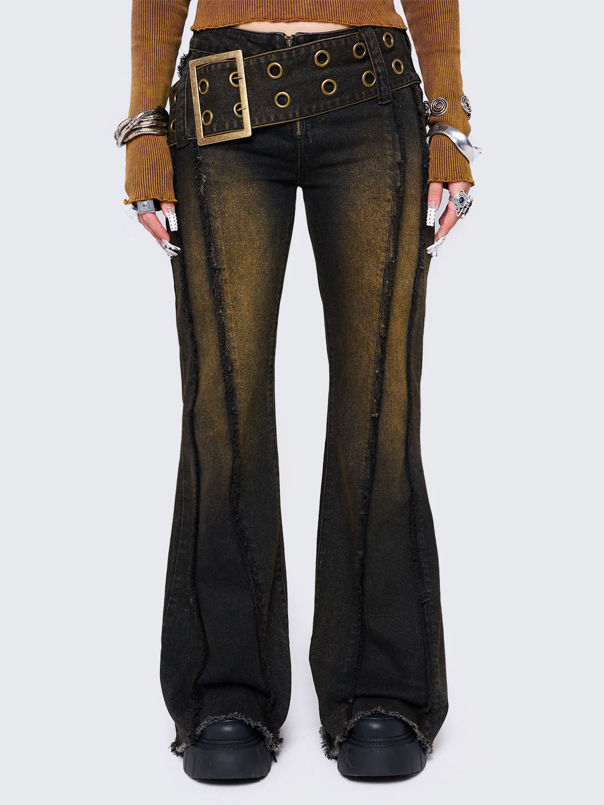 Minga Gia Overdye Belted Flare Jeans