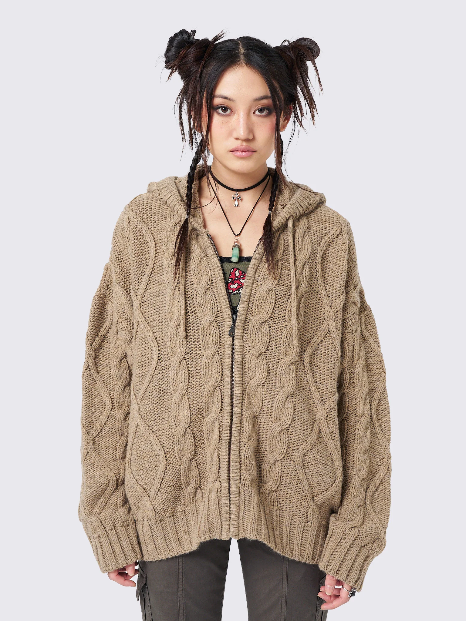Minga Eli Beige Zip Up Cable Knit Cardigan