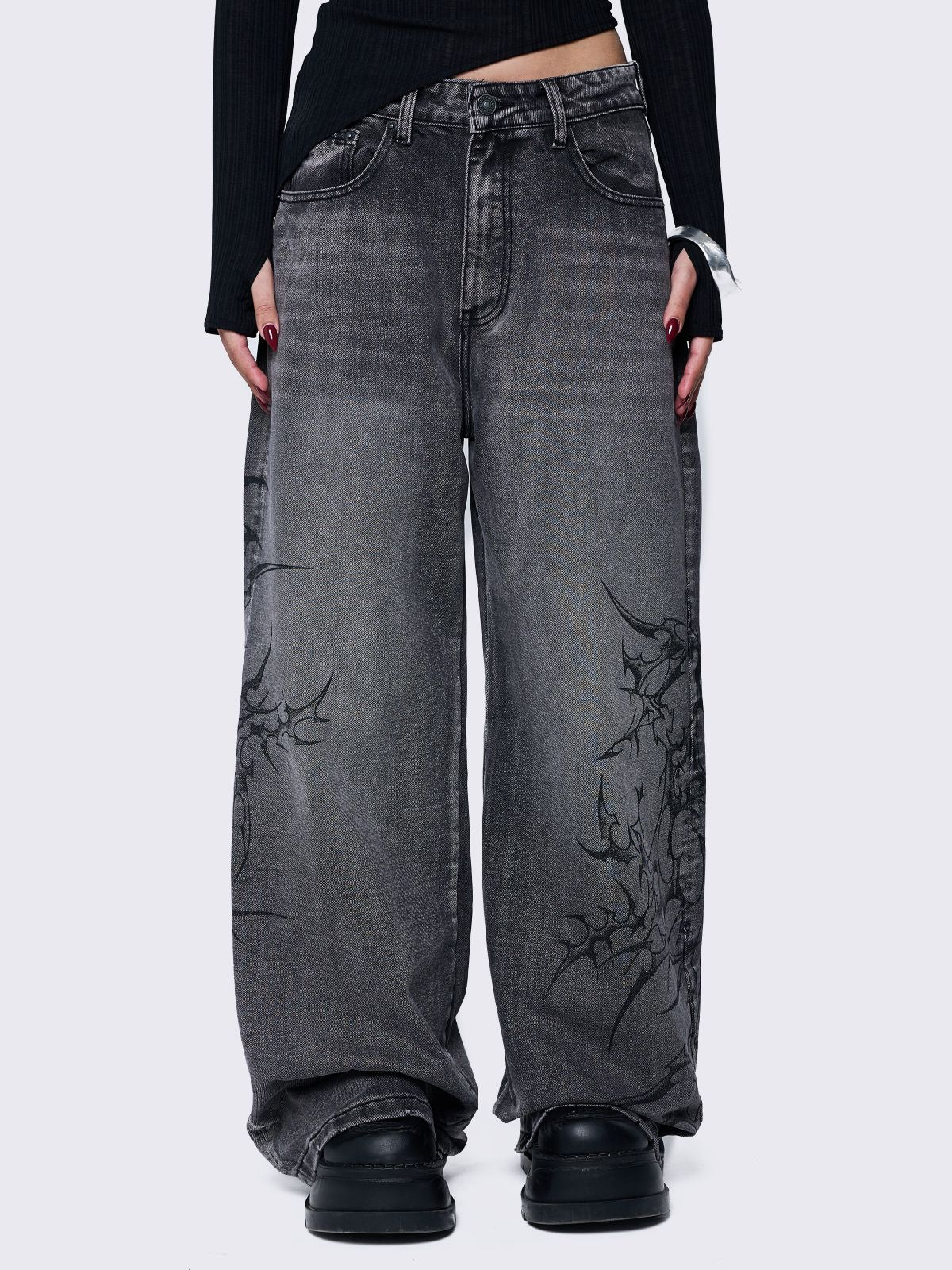 Minga Blaze Grey Graphic Baggy Jeans