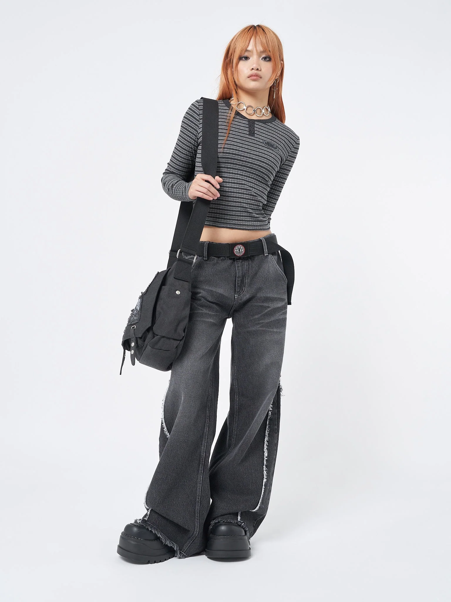 Minga Graphite Half Button Striped Rib Top