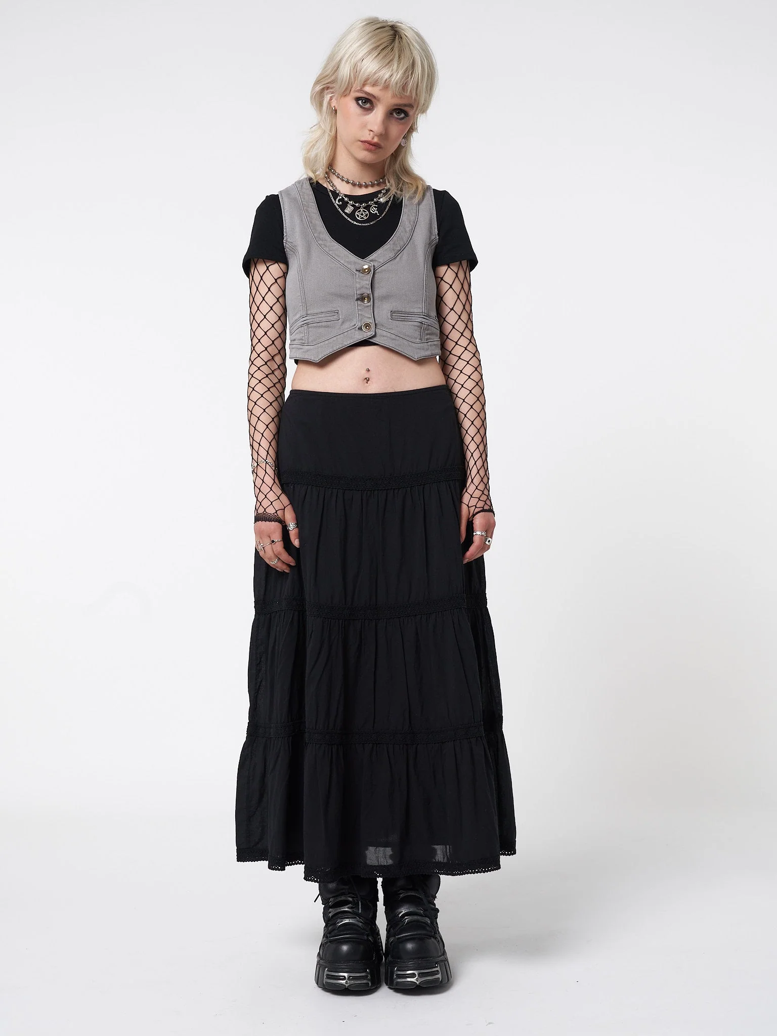 Minga Raven Ruffle Lace Maxi Skirt