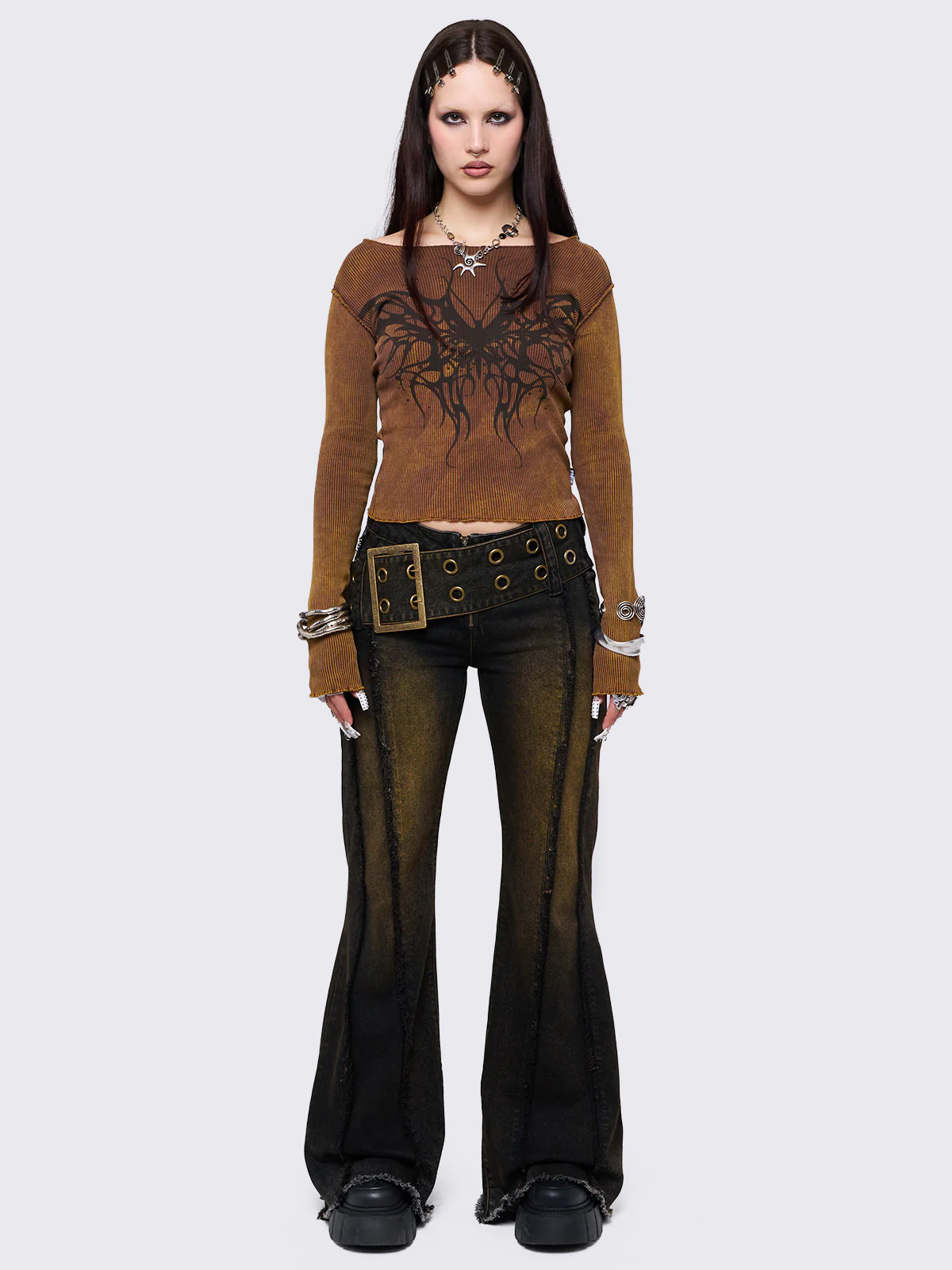 Minga Gia Overdye Belted Flare Jeans