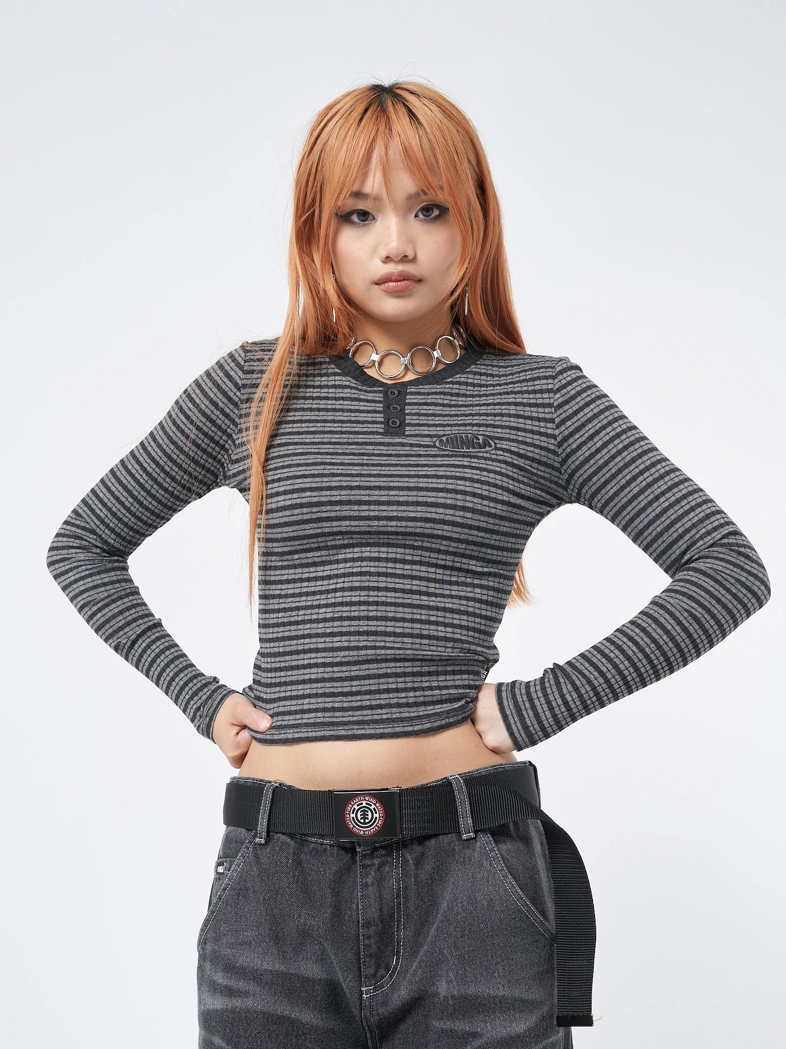 Minga Graphite Half Button Striped Rib Top