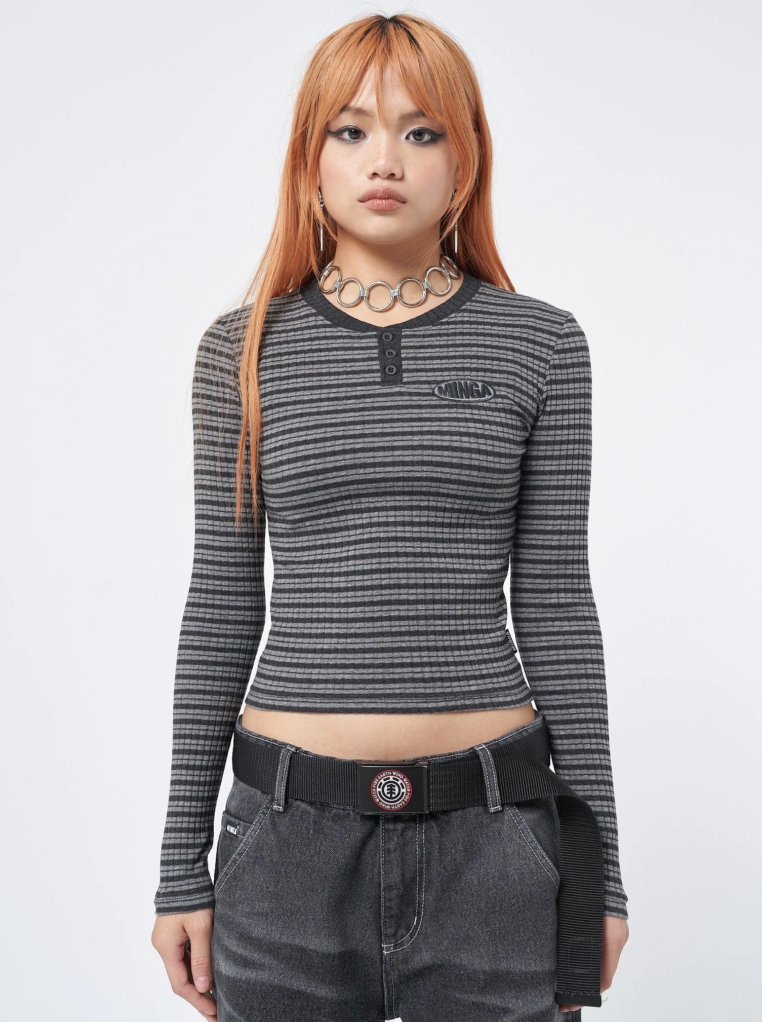 Minga Graphite Half Button Striped Rib Top