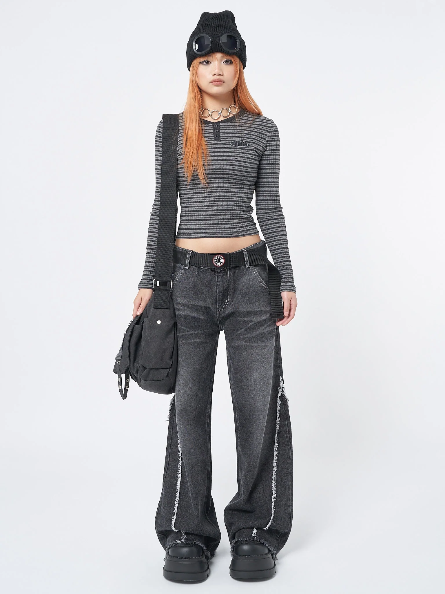 Minga Graphite Half Button Striped Rib Top