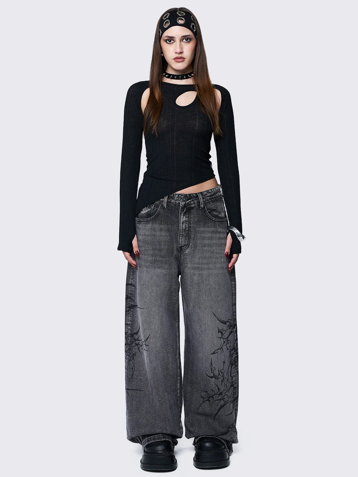 Minga Blaze Grey Graphic Baggy Jeans
