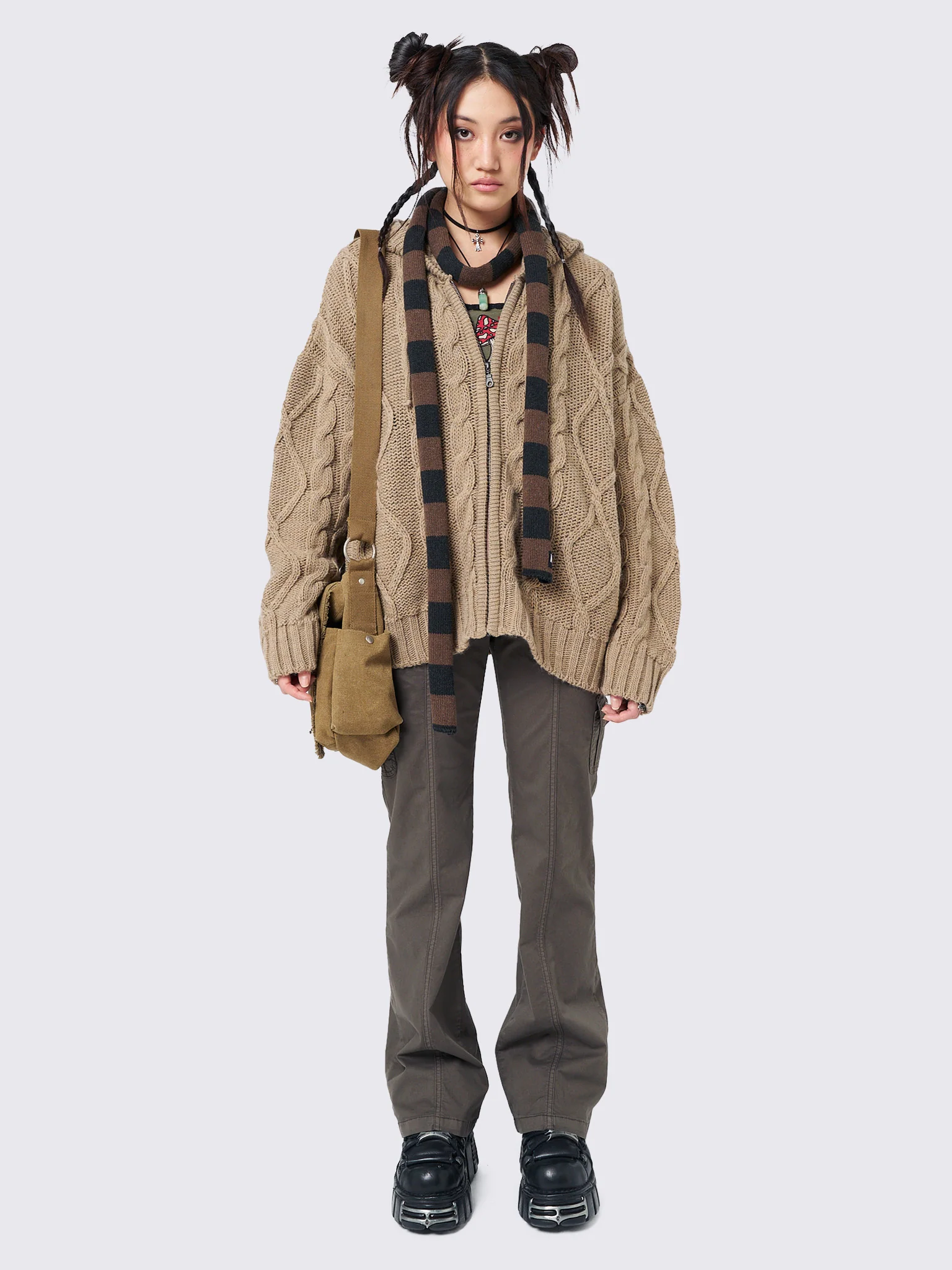 Minga Eli Beige Zip Up Cable Knit Cardigan