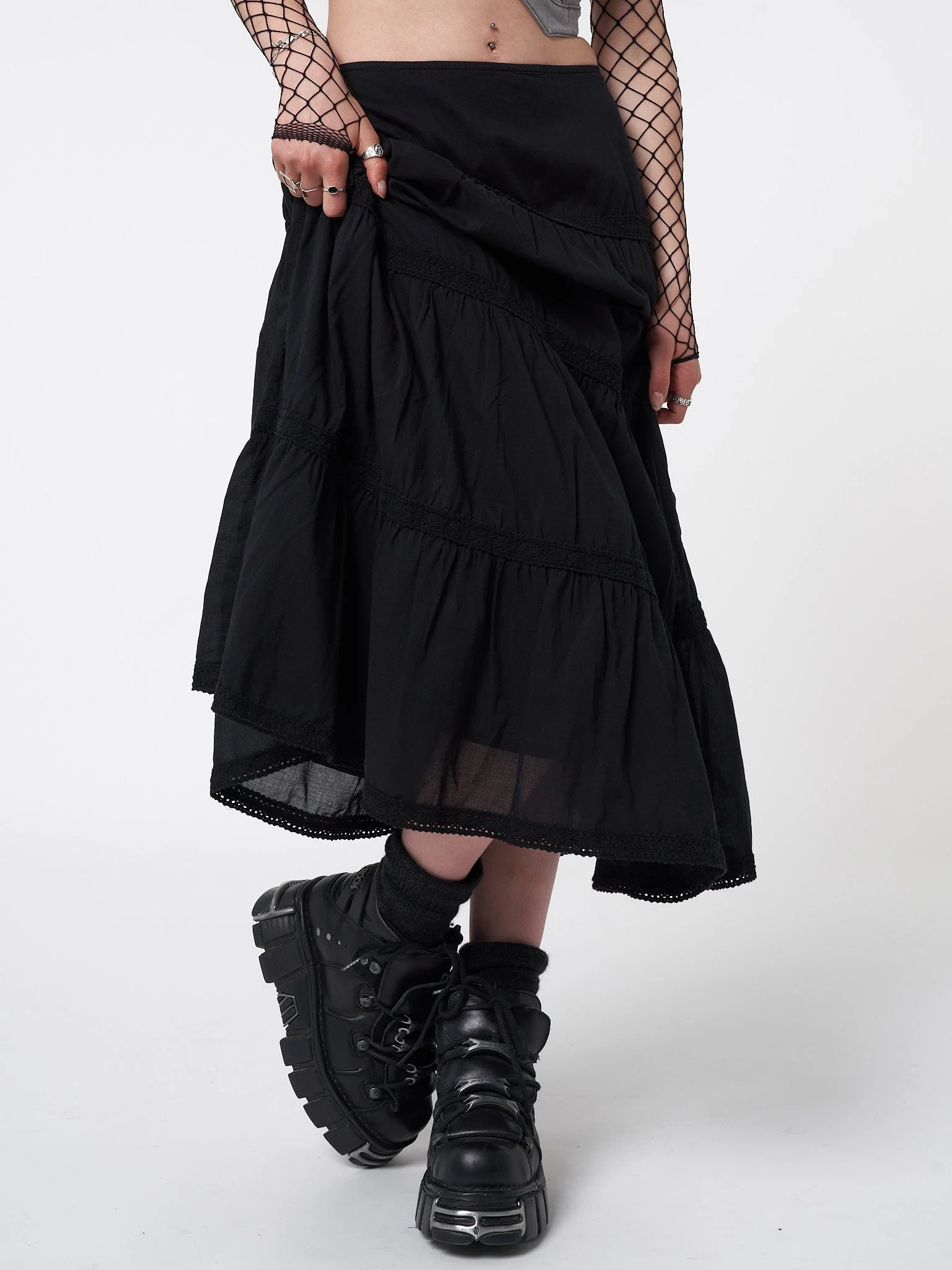 Minga Raven Ruffle Lace Maxi Skirt