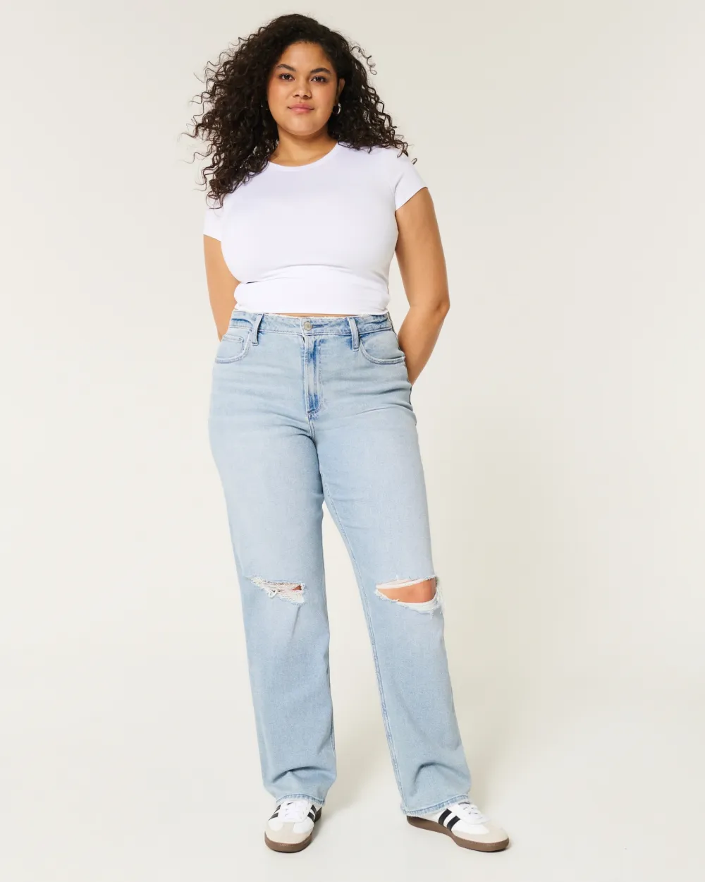 Curvy Ultra High-Rise Ripped Light Wash Dad Jeans