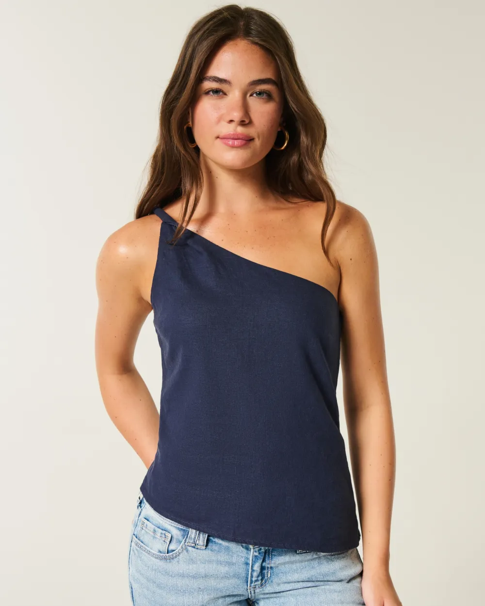 Linen-Blend One-Shoulder Top