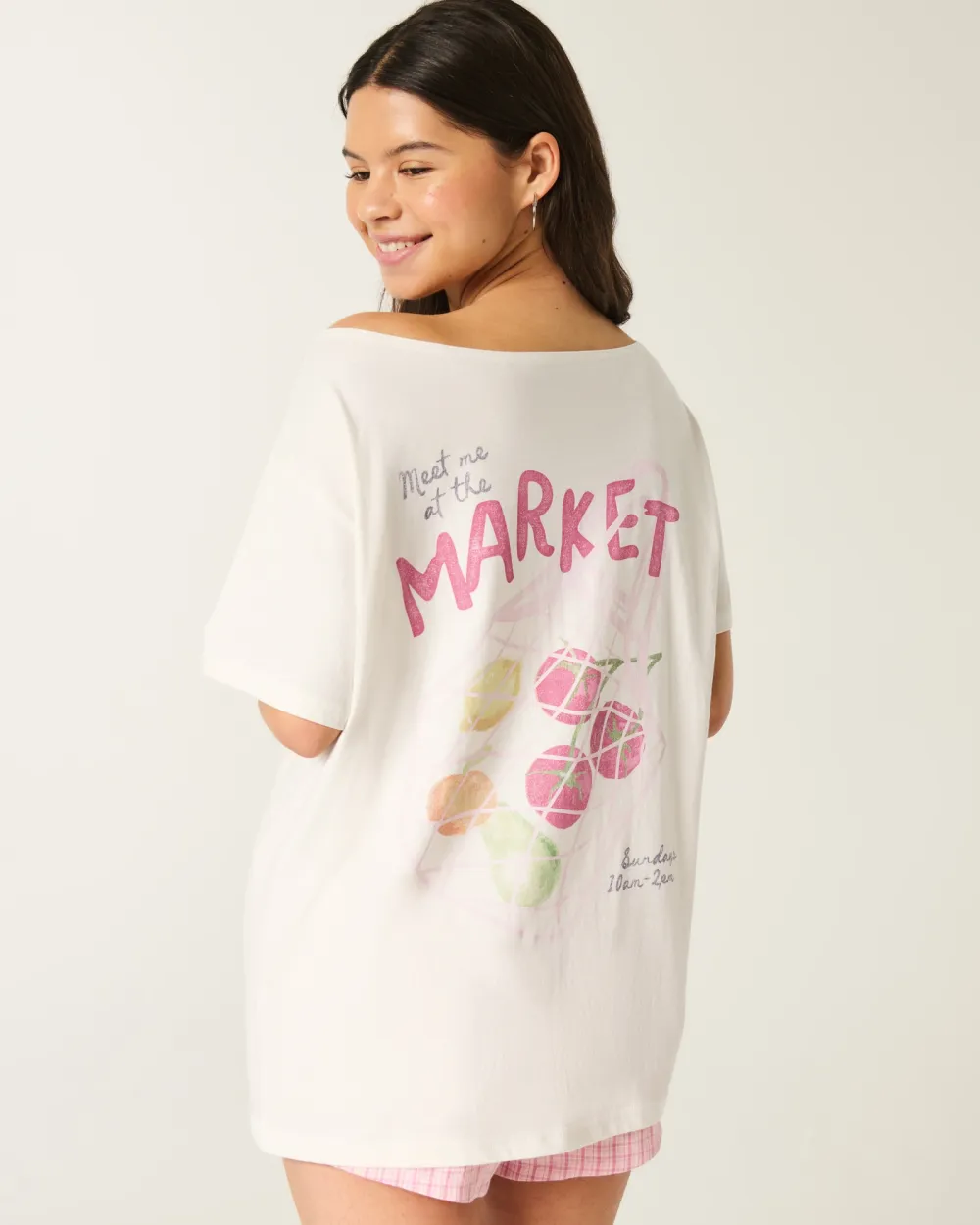 Oversized Off-the-Shoulder Strawberry Graphic Tee