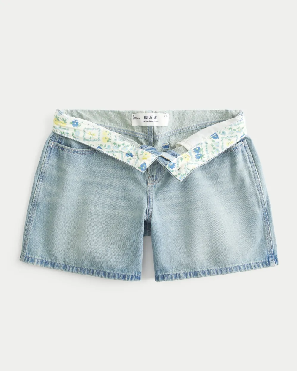 Low-Rise Medium Wash Foldover Waist Baggy Denim Shorts 5