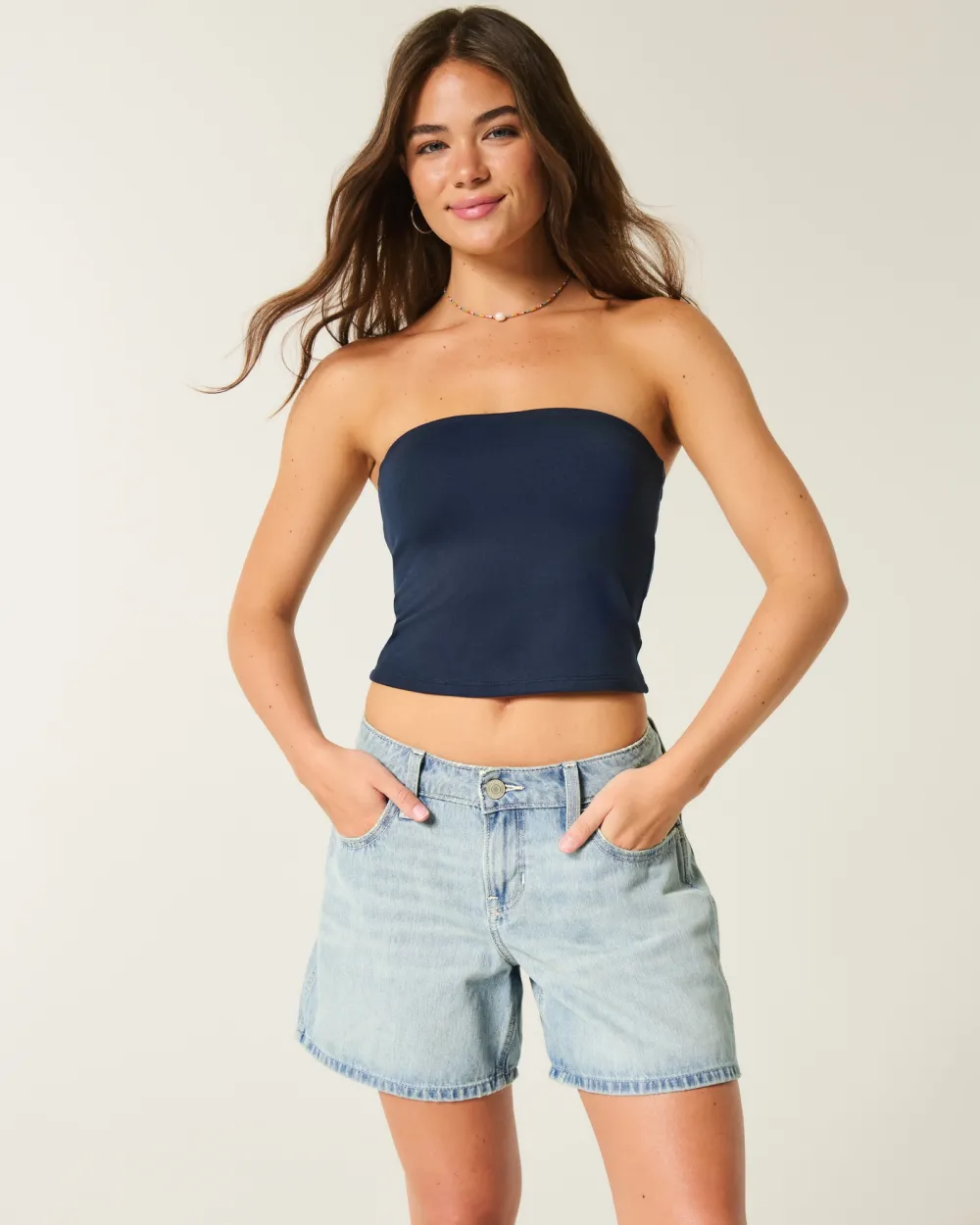 Low-Rise Medium Wash Foldover Waist Baggy Denim Shorts 5