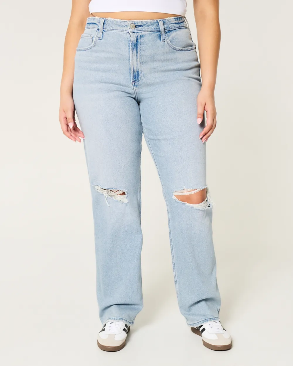 Curvy Ultra High-Rise Ripped Light Wash Dad Jeans