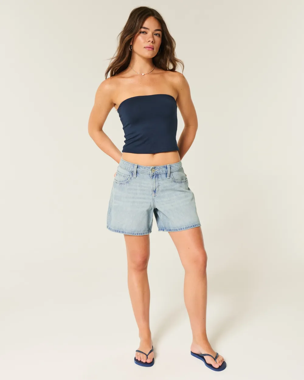 Low-Rise Medium Wash Foldover Waist Baggy Denim Shorts 5