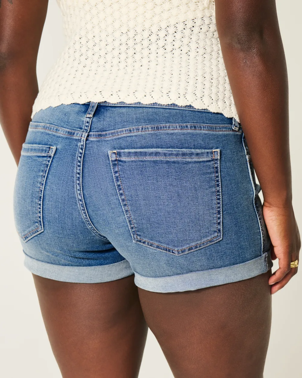 Curvy Low-Rise Light Wash Floral Embroidered Denim Shortie Shorts