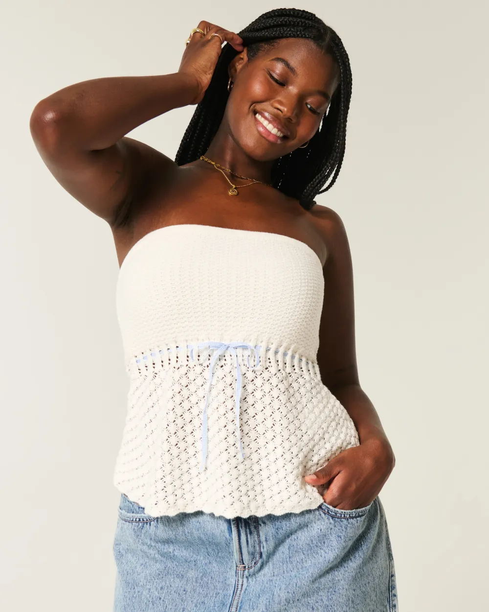 Crochet-Style Strapless Sweater Tube Top