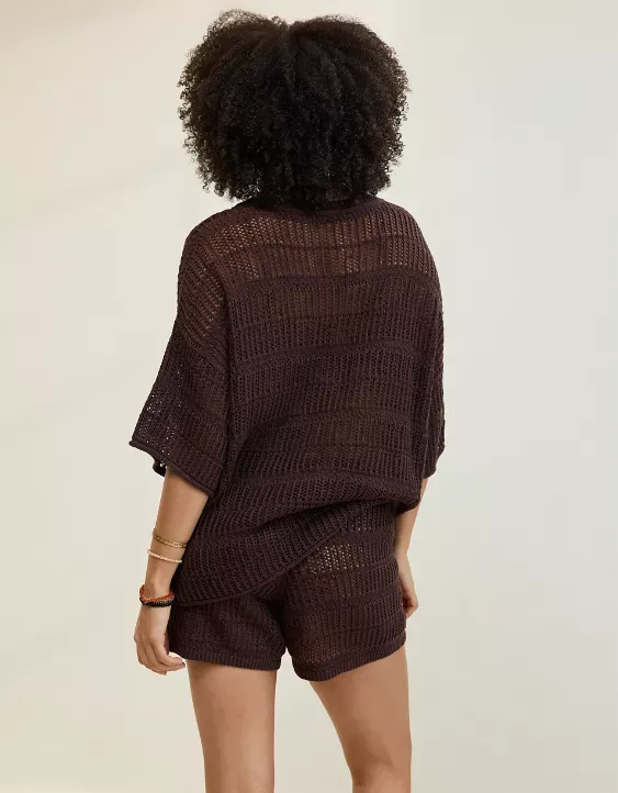 Aerie Crochet Oversized Short Sleeve Sweater
