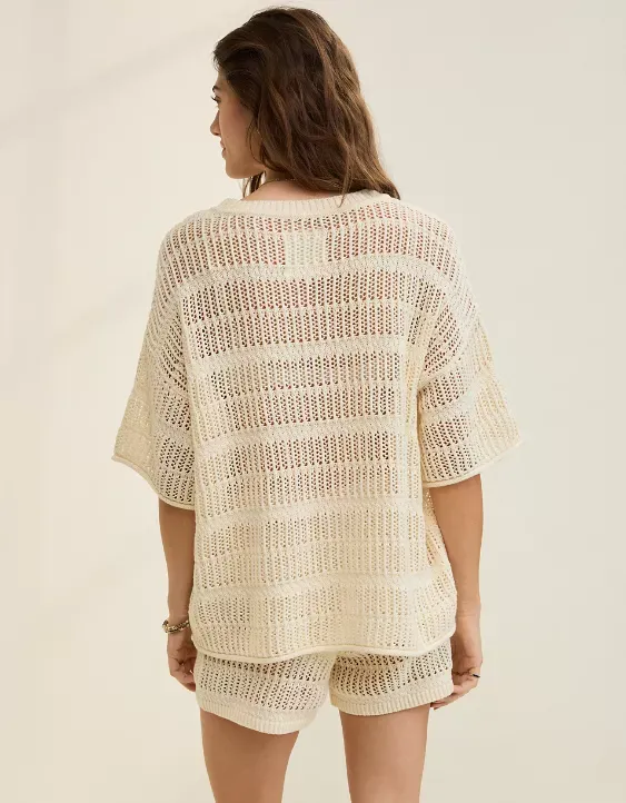 Aerie Crochet Oversized Short Sleeve Sweater
