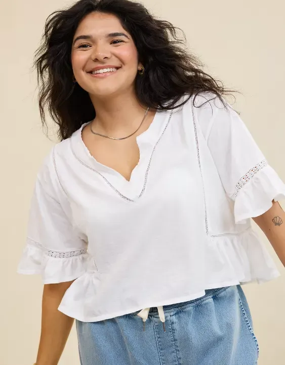 Aerie Flowy Cropped Notch Neck T-Shirt