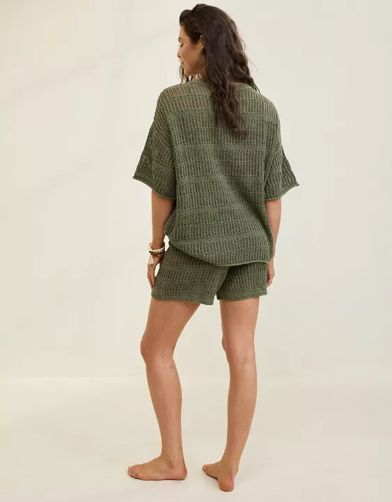 Aerie Crochet Oversized Short Sleeve Sweater