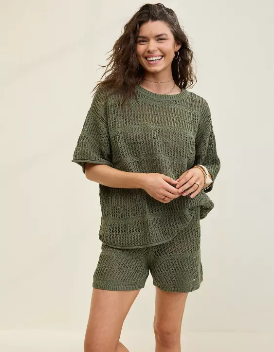 Aerie Crochet Oversized Short Sleeve Sweater