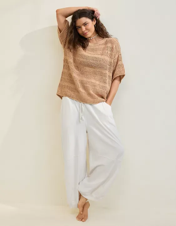 Aerie Crochet Oversized Short Sleeve Sweater