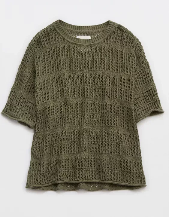 Aerie Crochet Oversized Short Sleeve Sweater