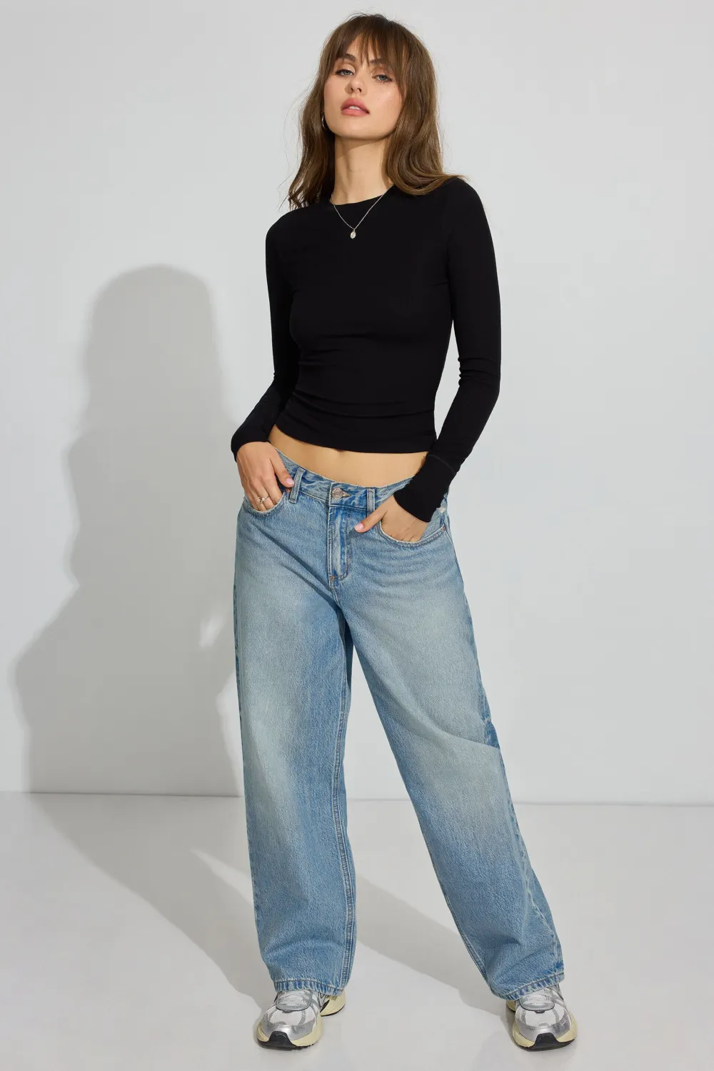 Ribbed Seamed Long Sleeve Crewneck Top