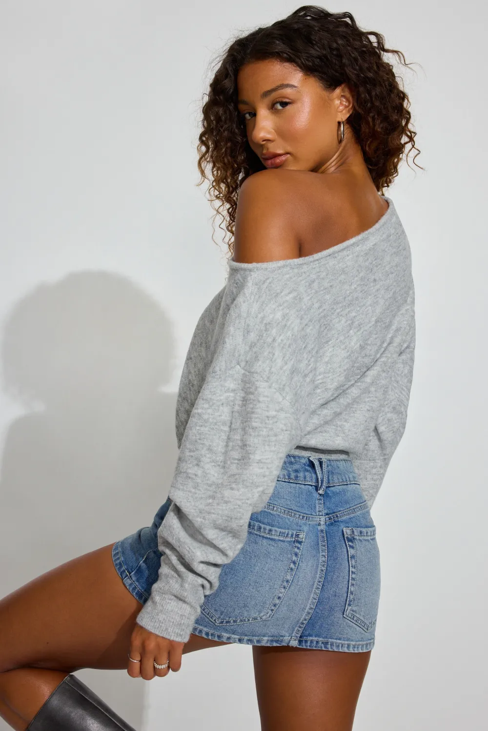 Spongy Relaxed Off Shoulder Sweater