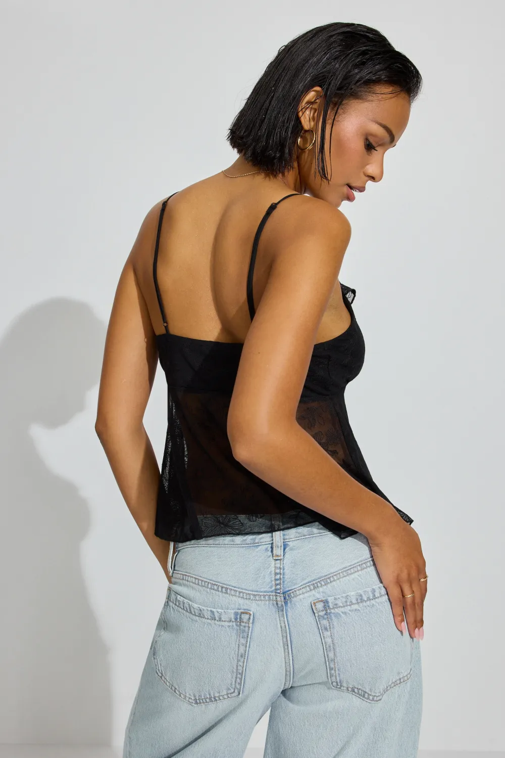 Embroidered Mesh Flyaway Cami Top