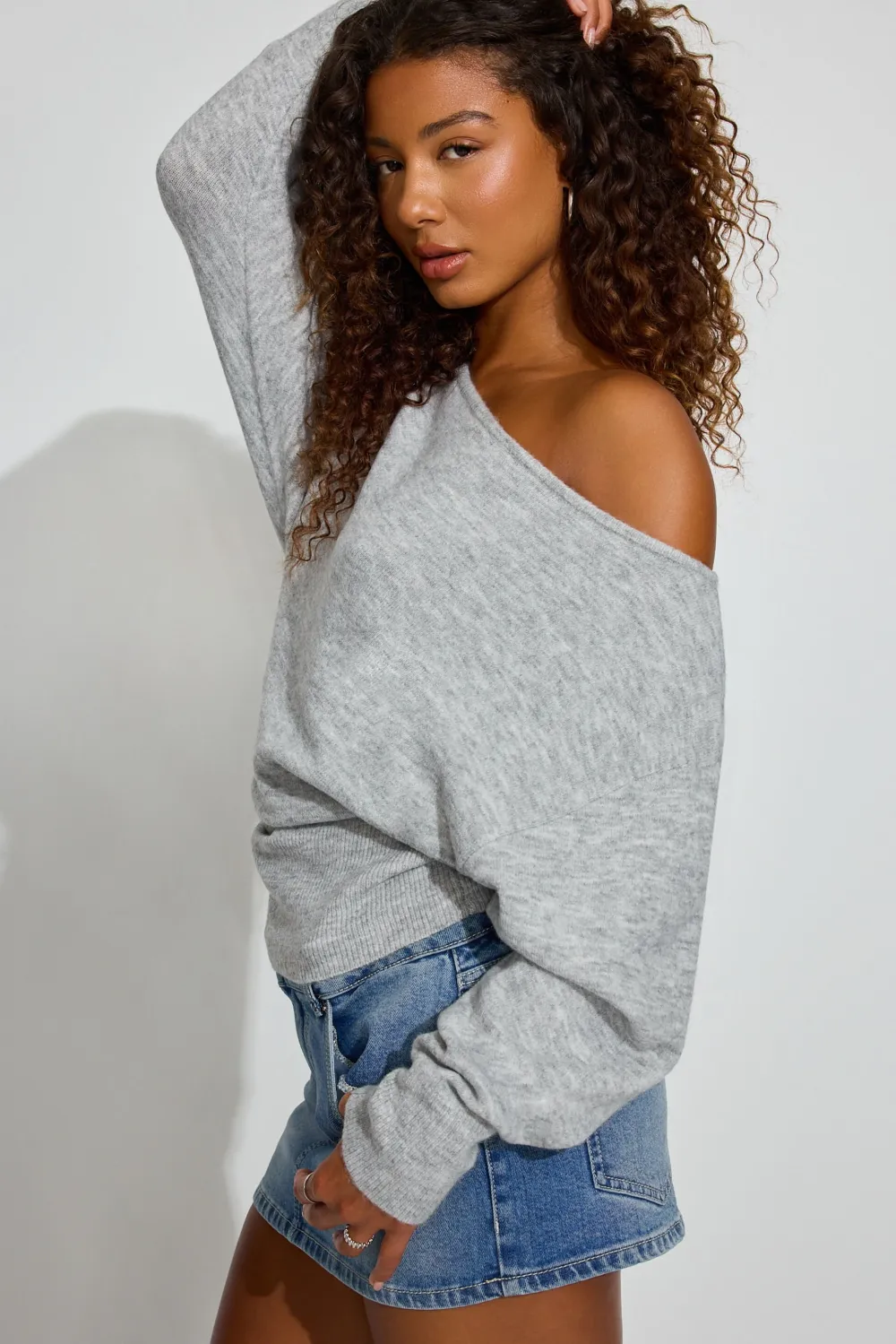 Spongy Relaxed Off Shoulder Sweater