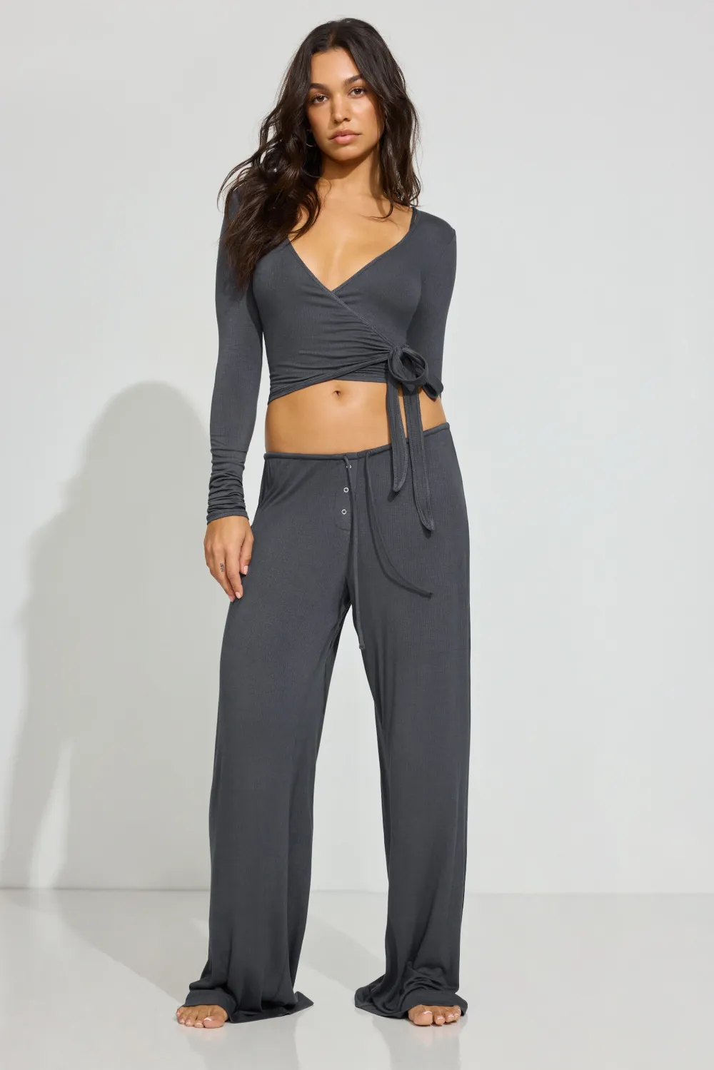 Sheer Ribbed Wrap Long Sleeve Top