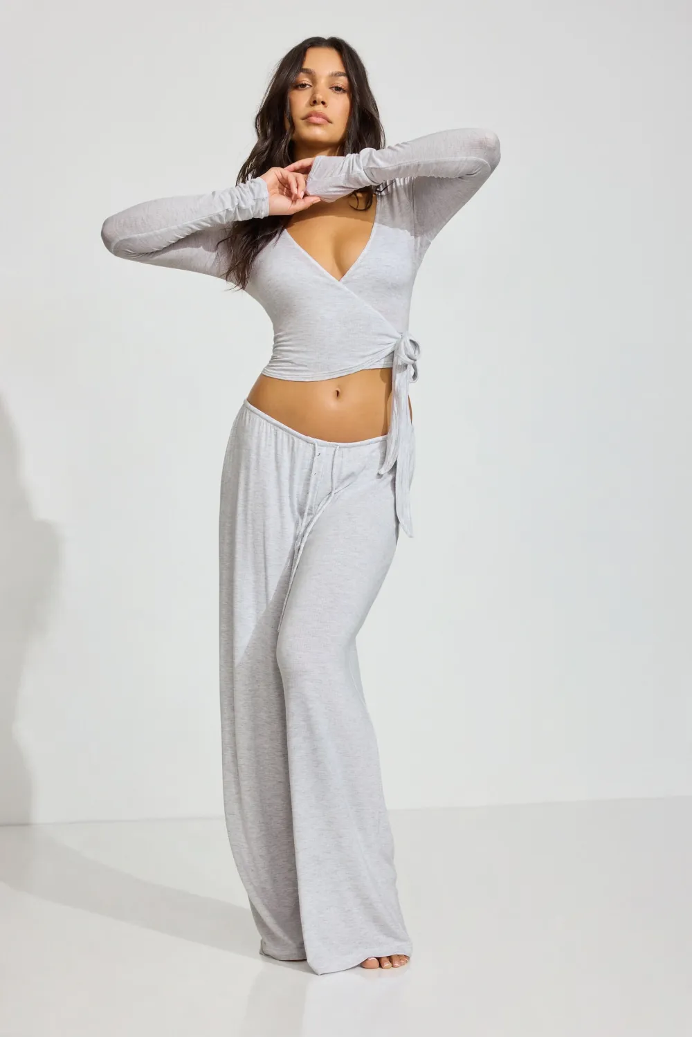 Sheer Ribbed Wrap Long Sleeve Top