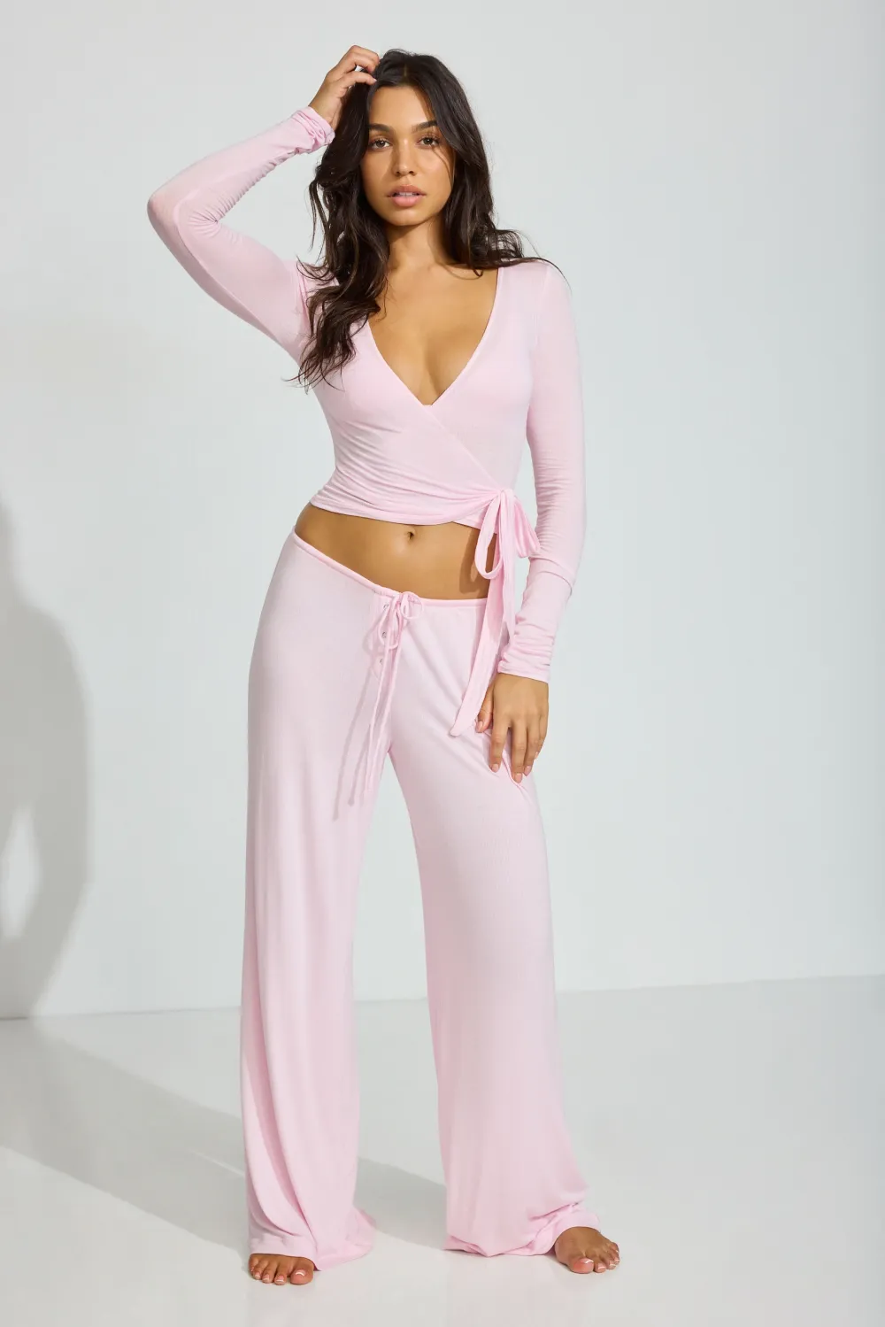 Sheer Ribbed Wrap Long Sleeve Top