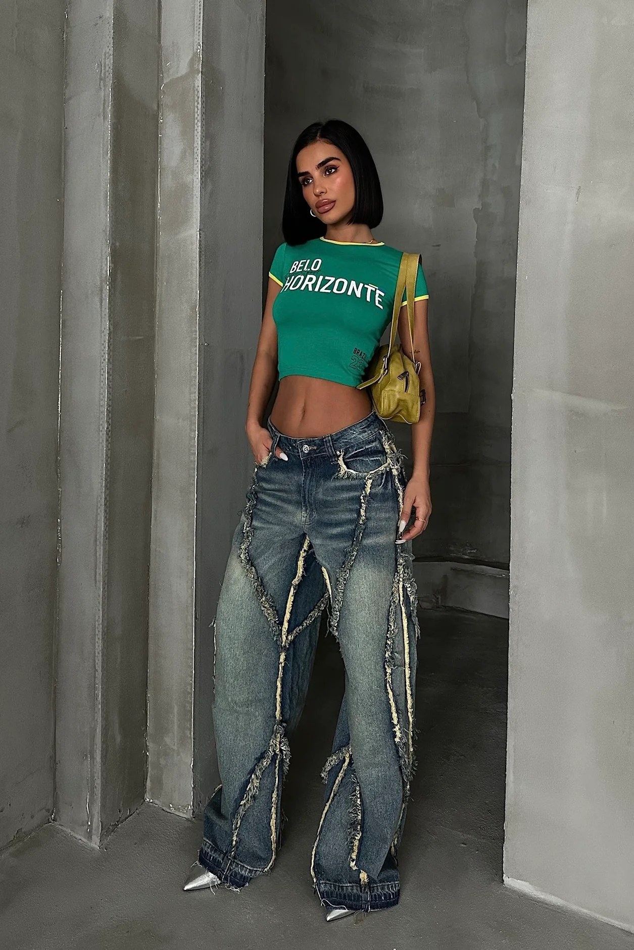 Tassel Wide-Leg Jeans Green Wash