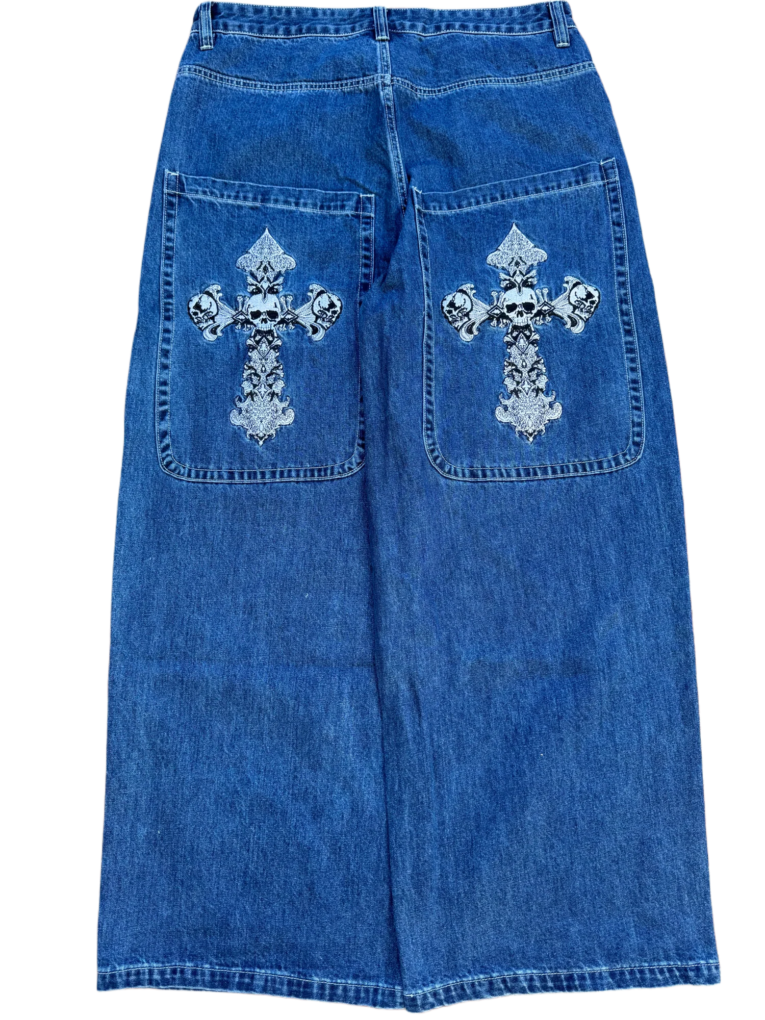 Blue Wide Leg GLOE Skull Cross Jeans