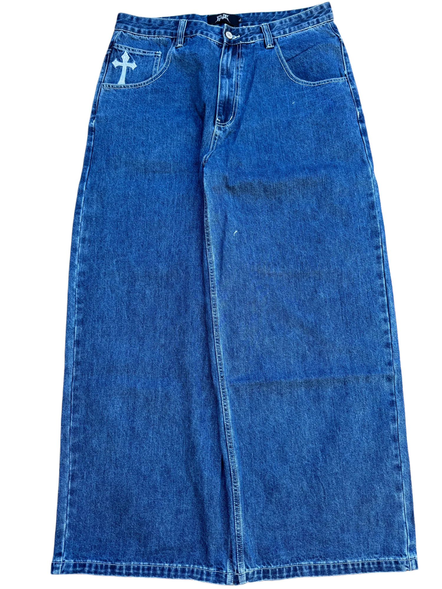 Blue Wide Leg GLOE Skull Cross Jeans