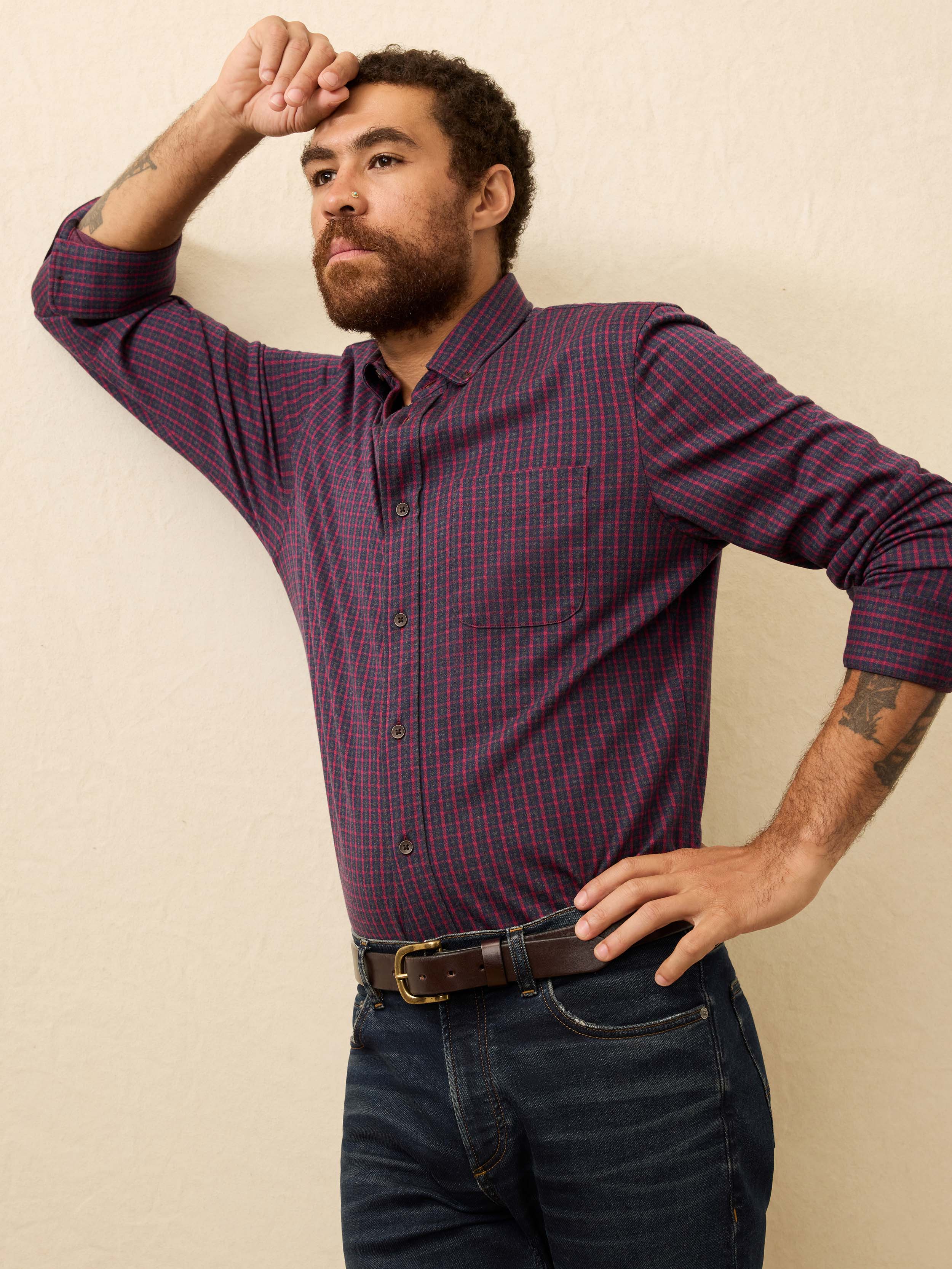 Coastline Knit Shirt - Red Dusk Check