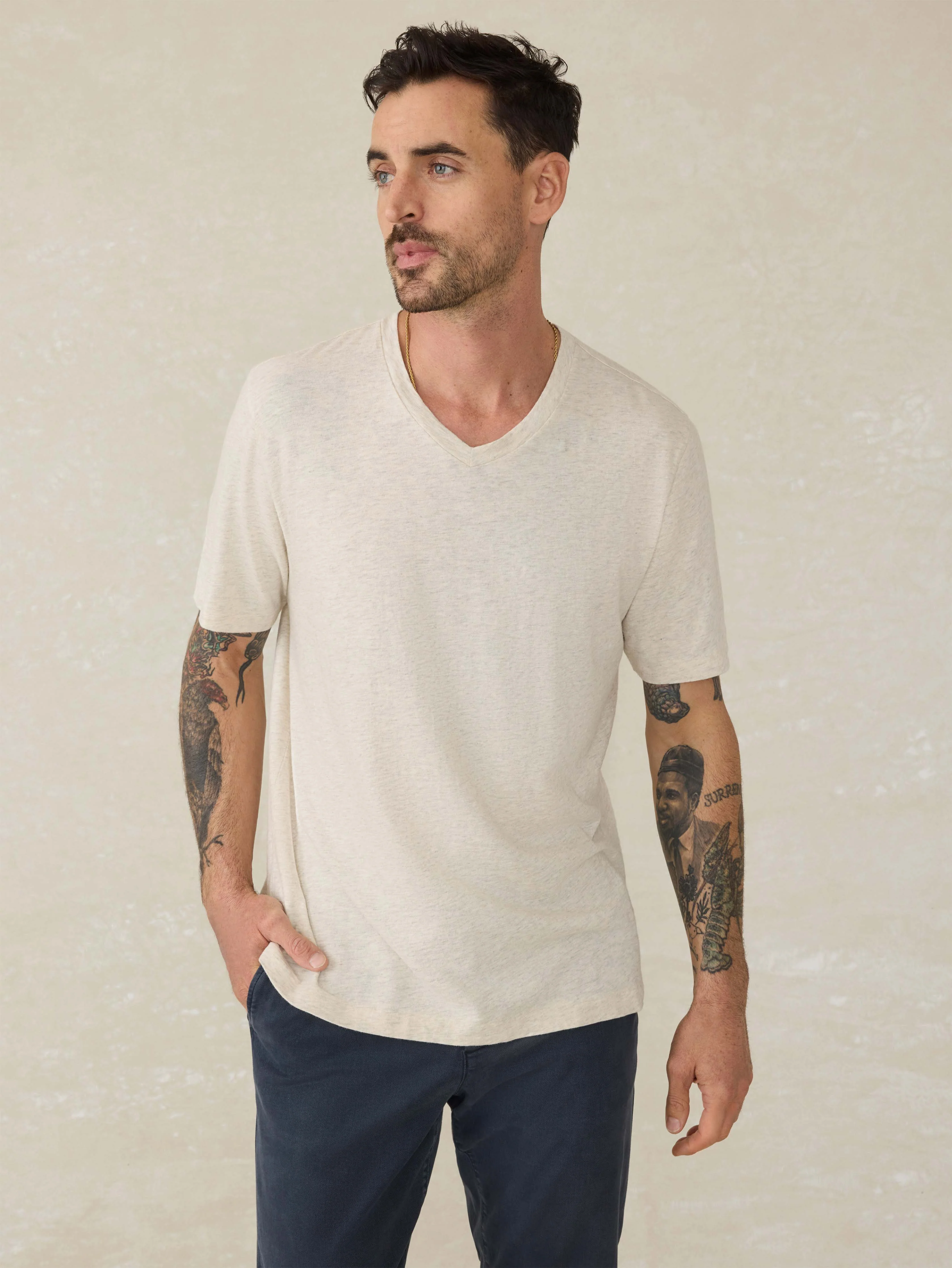 Short-Sleeve Sunwashed Regenerative Cotton V-Neck Tee - Island Dune Heather