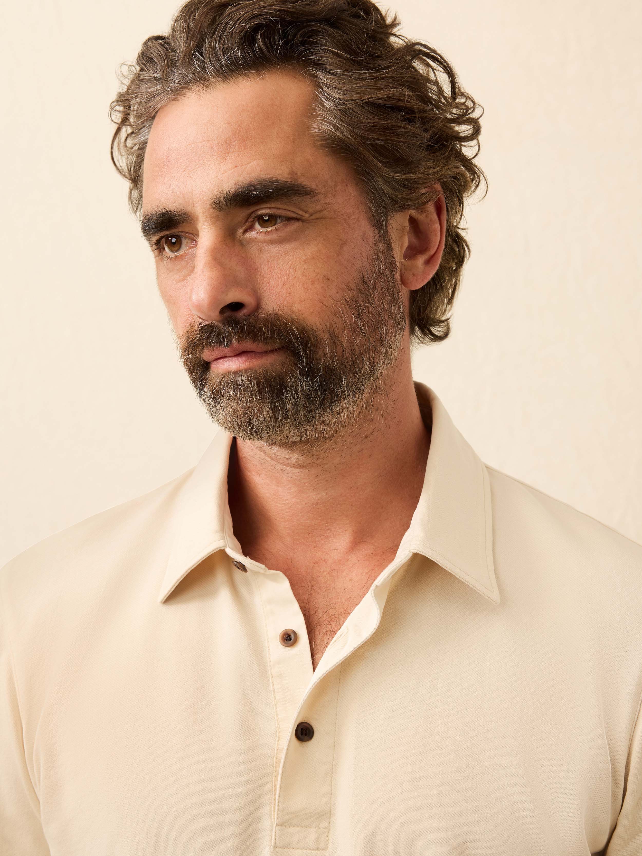 Long-Sleeve Field Knit Polo - Coastal Cream