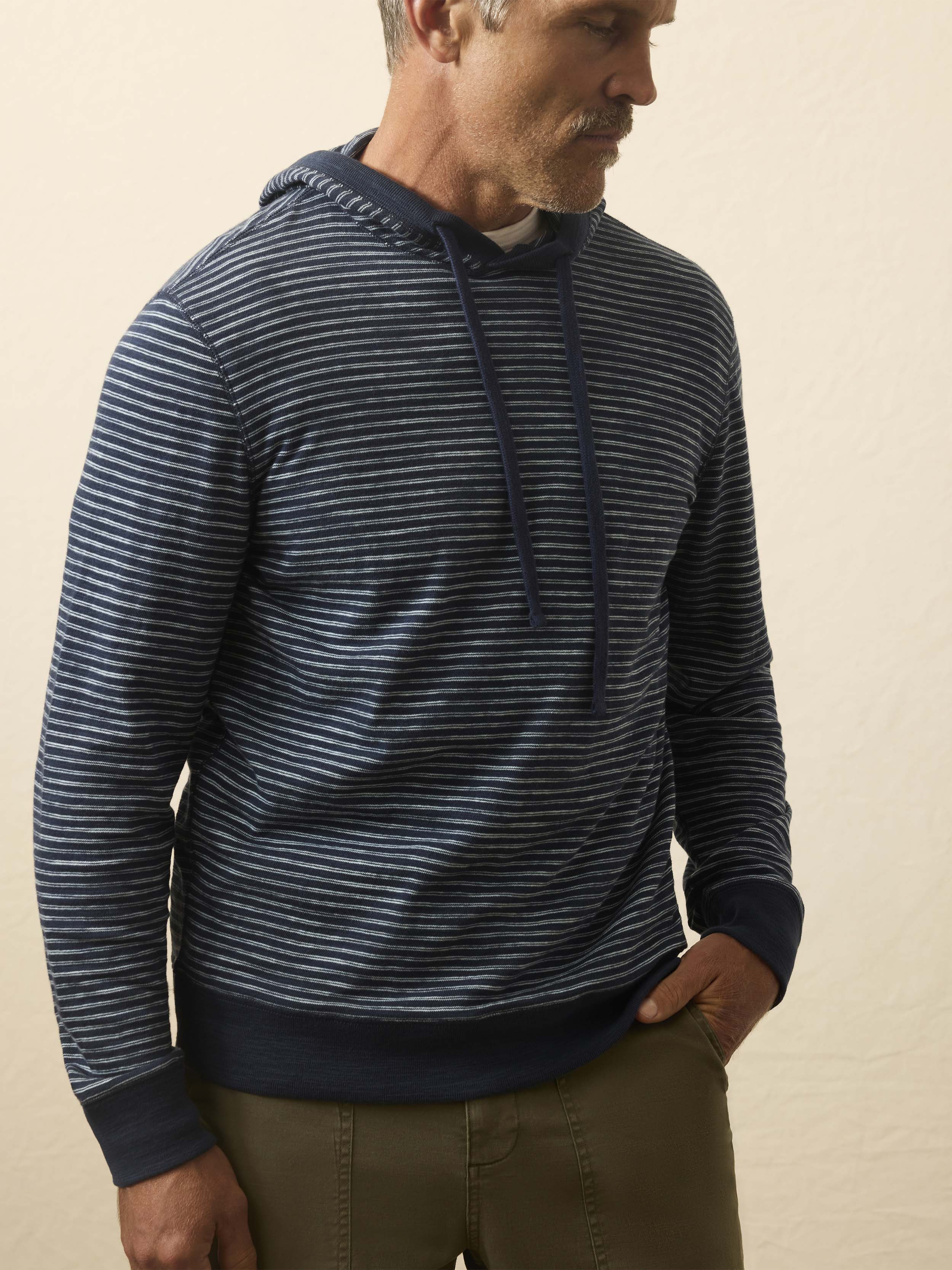 Sunwashed Midweight Organic Hoodie - Navy Stream Stripe