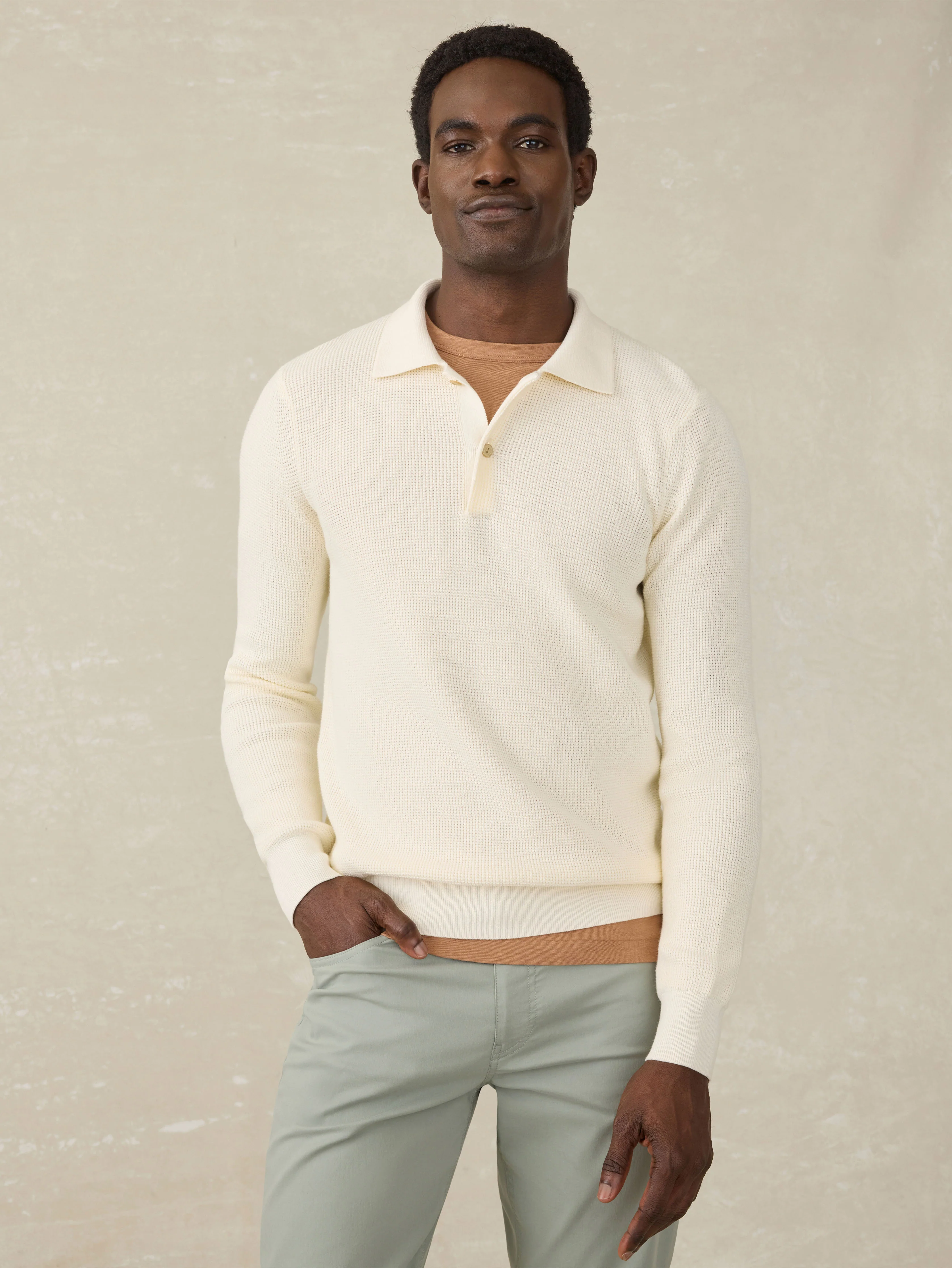 Long-Sleeve Sunwashed Sweater Polo - White Shell